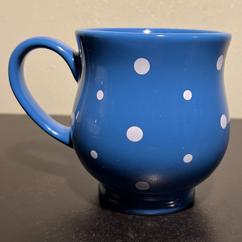 Temp-tations by Tara Blue White Polka Dot Footed Ceramic Coffee Mug 16oz Cup